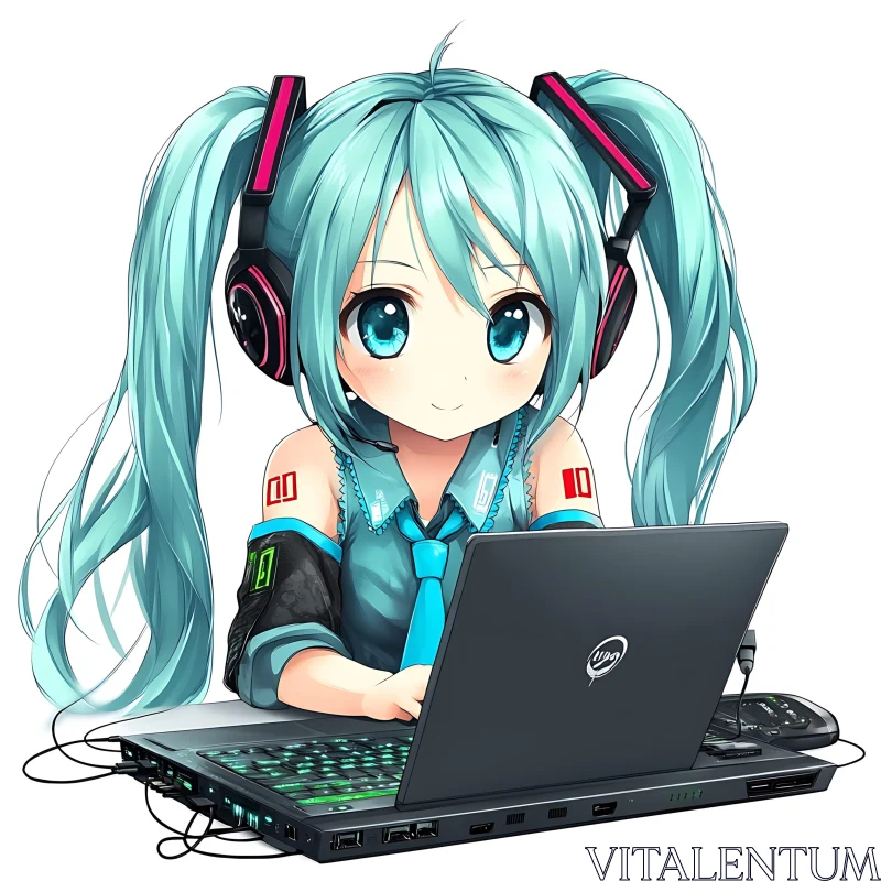 Tech-Savvy Anime Girl with Headphones and Laptop AI Image