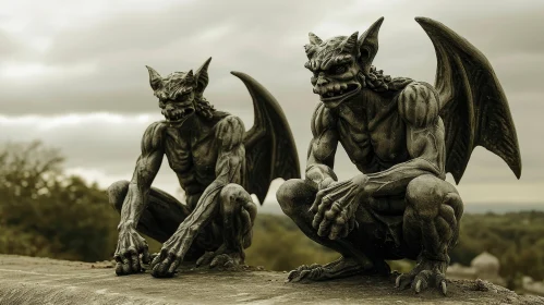 Striking 3D Rendering of Muscular Gargoyles on a Ledge