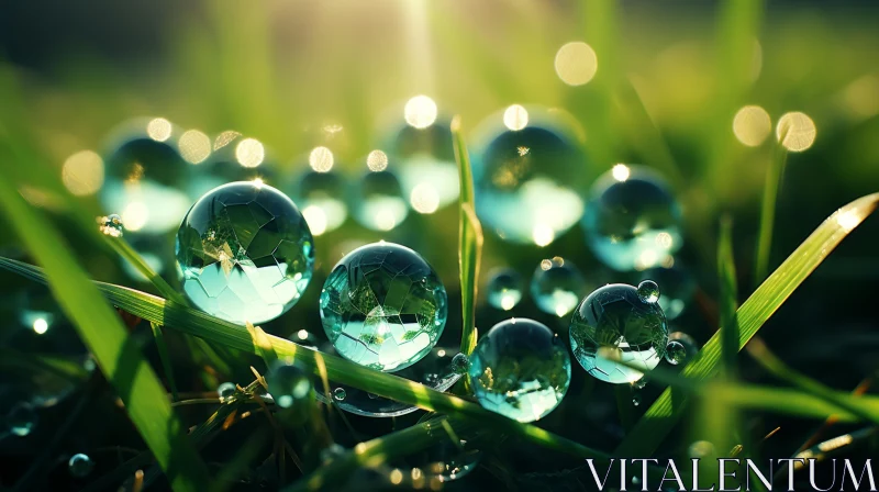 Surrealistic Fairytale Water Drops on Grass AI Image