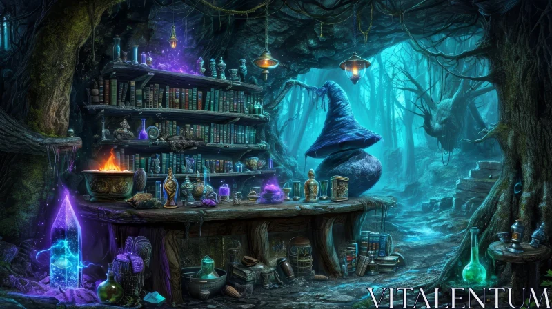 The Mysterious Wizard's Study in a Dark Forest AI Image