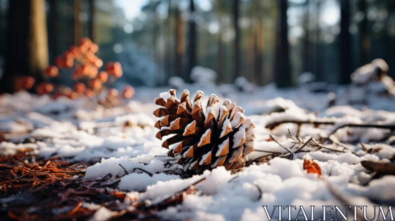 Winter Pine Cones on Snow-Covered Forest Floor AI Image