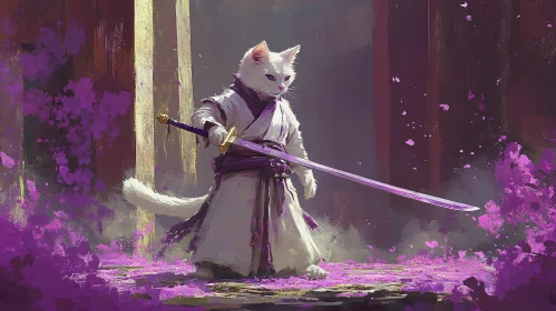 Feline Warrior in a Floral Battleground