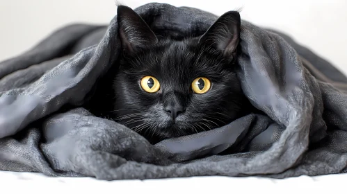 Black Cat with Yellow Eyes in Blanket