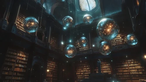 Magical Library Interior with Glowing Spheres