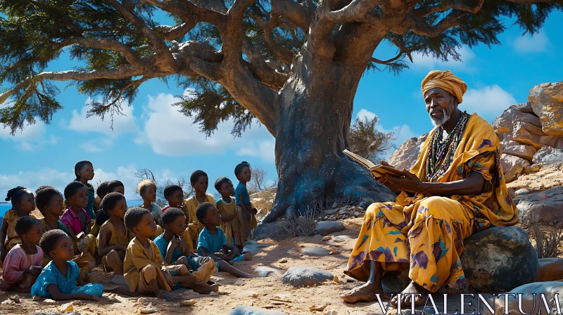 AI ART Children Listen to Elder's Tale Under Tree