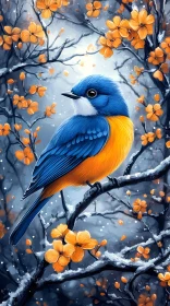 Blue Bird and Orange Flowers in Winter