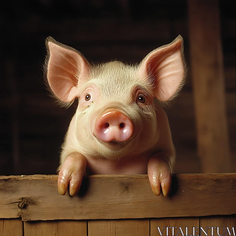 Adorable Piglet Gazing Over Wooden Fence AI Image