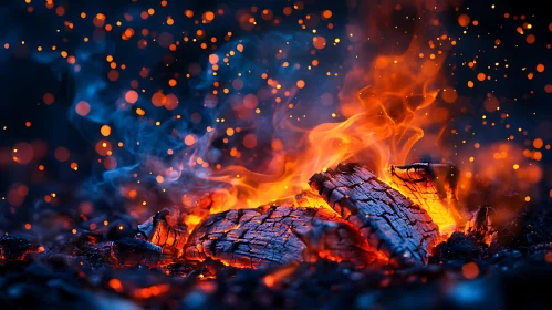 Fierce Fire and Glowing Embers with Smoke and Sparks