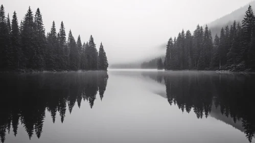 Misty Lake Reflection with Evergreen Forest