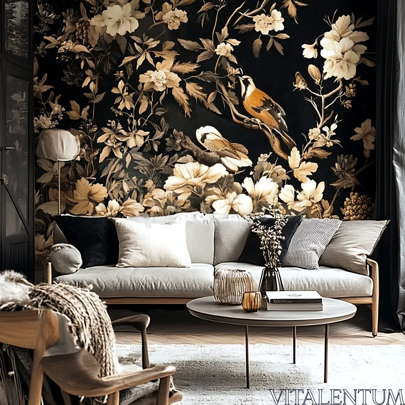 Sophisticated Home Interior with Floral Bird Wall Art AI Image