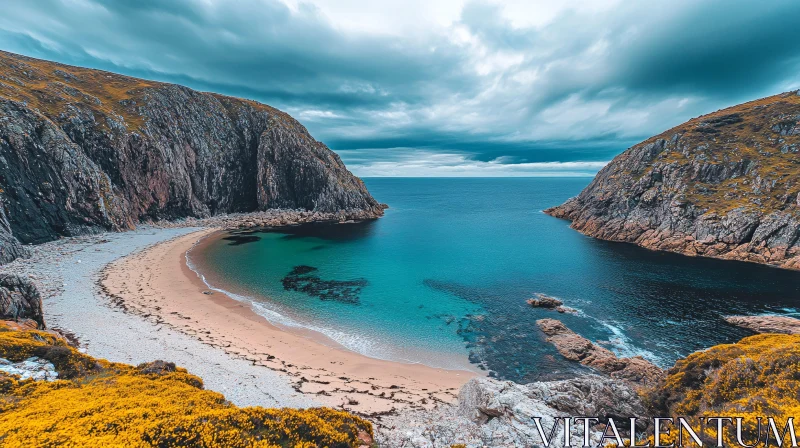 AI ART Serene Beach Amidst Rugged Cliffs and Azure Waters