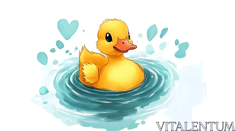 Adorable Yellow Duckling in Water Cartoon Art AI Image