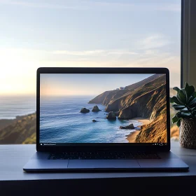 Laptop with Coastal Sunset Wallpaper in Workspace