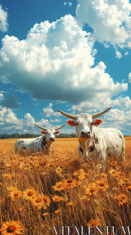 Serene Cows in a Flowered Pasture AI Image