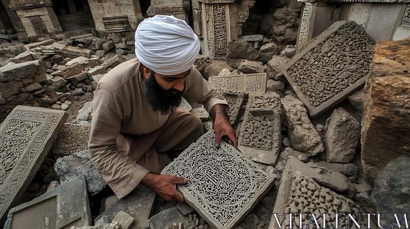 Man Preserving Ancient Stone Carvings AI Image