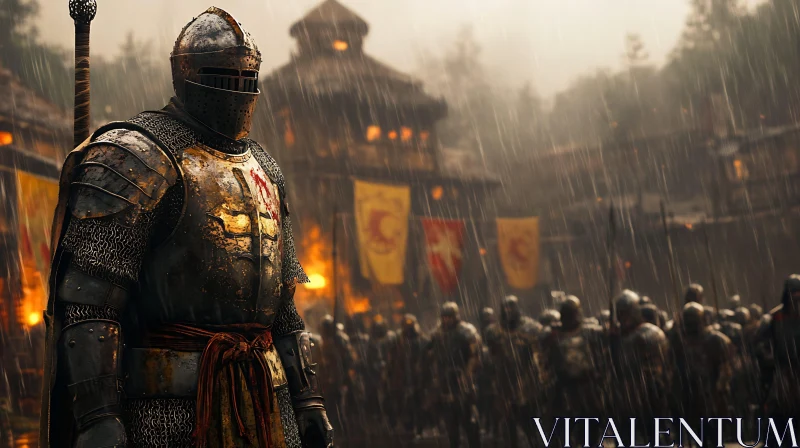 Armored Knight Standing in the Rain AI Image