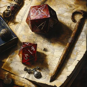 Old Map with Dice and Cane