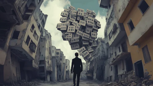 Man in Ruins with Floating Buildings