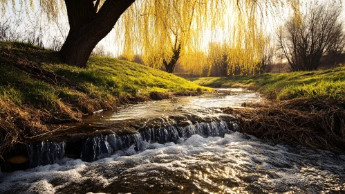 Golden Sunlight Over a Peaceful Stream