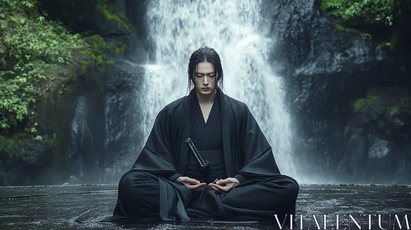 Man Meditating Near Waterfall AI Image