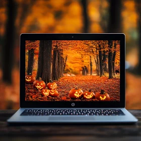 Halloween-Themed Autumn Forest Path on Laptop Screen