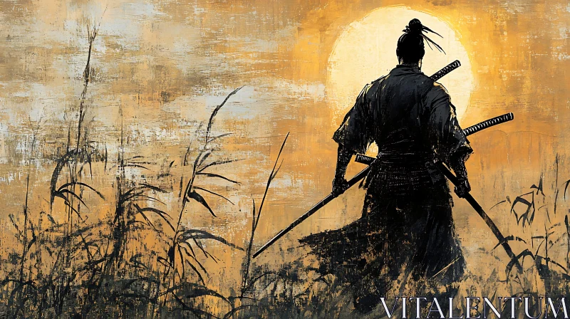 Silhouette of a Samurai at Sunset AI Image