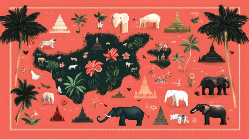 Artistic Thailand Map with Wildlife