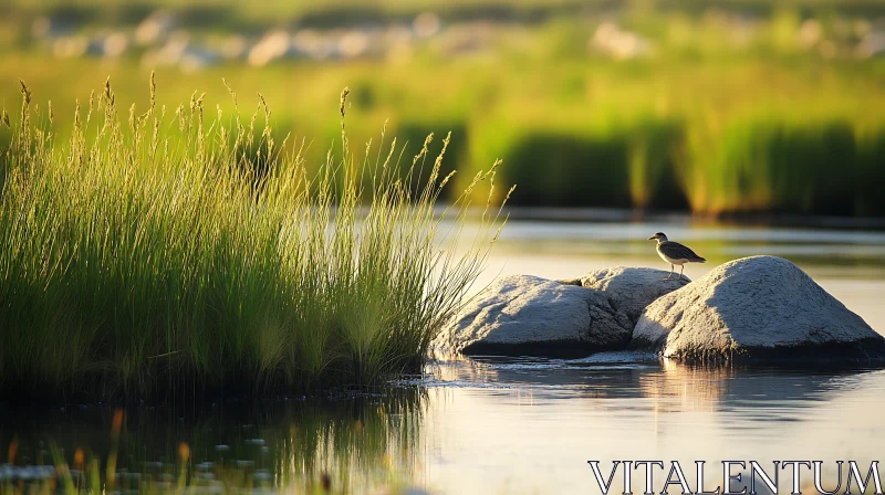 Bird Perched on Rocks by Water AI Image