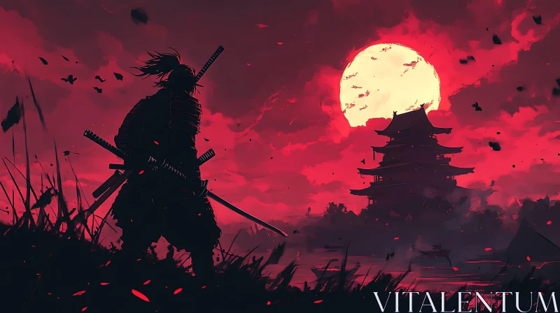 Samurai Under Red Moon: A Temple's Shadow AI Image