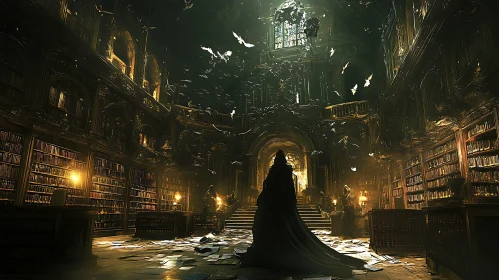 Mysterious Library with Cloaked Figure