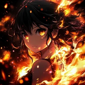 Blazing Anime Girl with Fiery Background