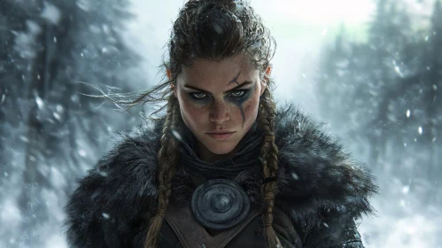 Intense Female Warrior Gaze in Snowy Woods