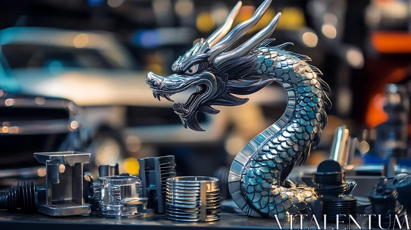 Silver Dragon Figurine Surrounded by Metal Components AI Image