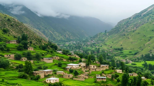 Scenic Mountain Village Between Green Hills