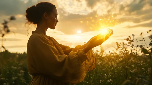 Magical Orb in Hands at Sunset