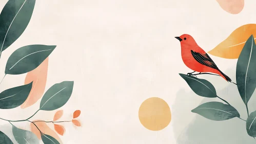 Red Bird on Branch Minimalist Artwork