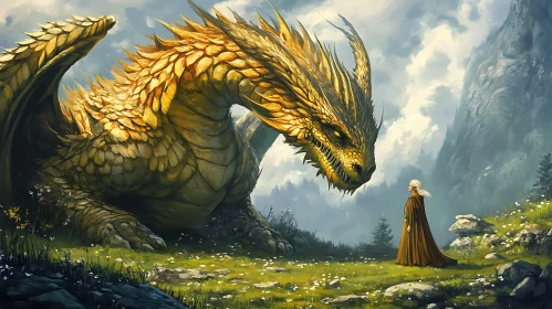 Dragon Encounter with Woman in Meadow