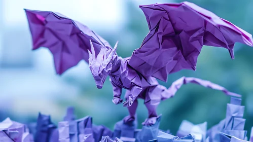 Purple Origami Dragon on Paper Mountain