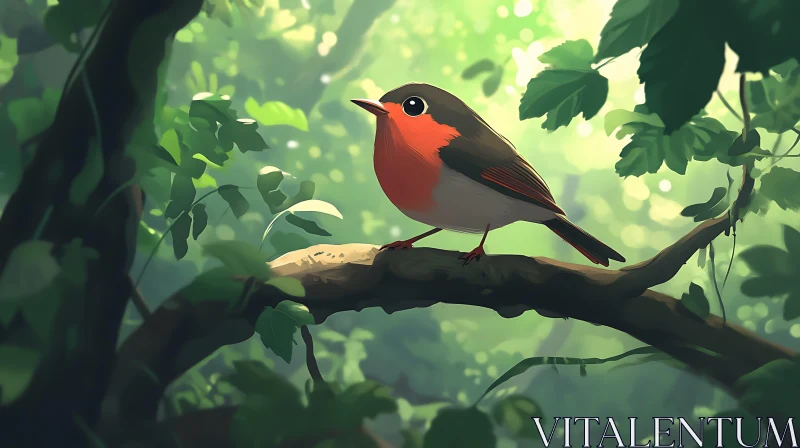 Perched Robin in Green Forest AI Image