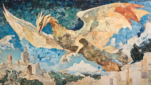 Dragon Over City Mosaic Art