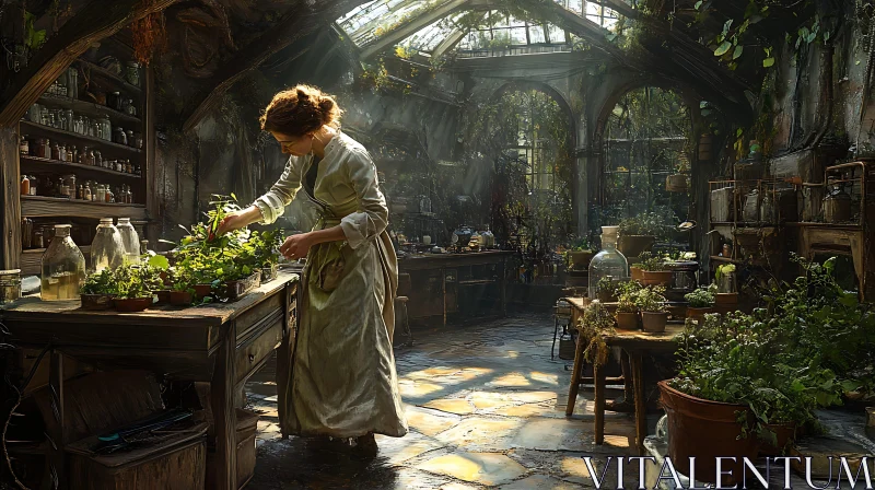 Vintage Greenhouse with Woman Gardener AI Image