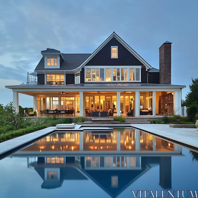 Elegant Modern House and Pool Reflection AI Image