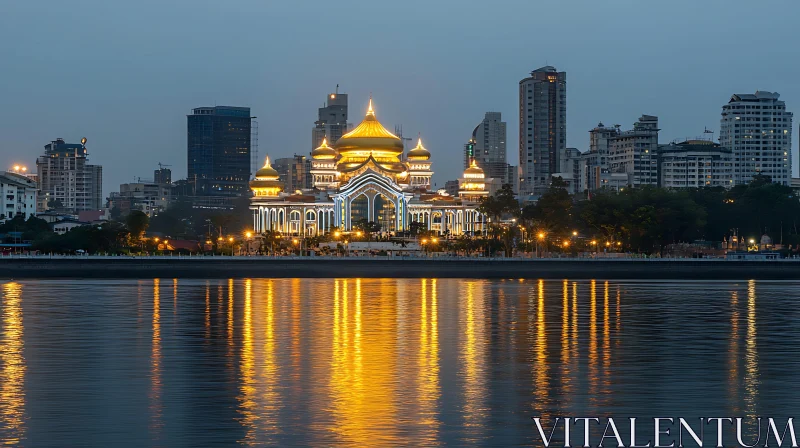 AI ART Twilight Cityscape with Golden Dome Reflection