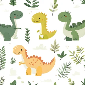 Adorable Dinosaur Cartoon Pattern with Green Leaves