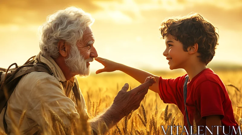 Grandfather and Child Connection in Wheat Field AI Image