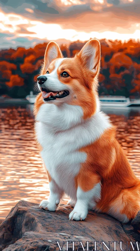 AI ART Sunset Corgi by the Scenic Lake