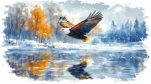 Eagle Soaring over Icy Lake