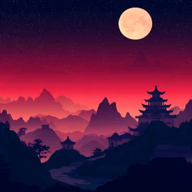Mountain Temple Under Moonlight