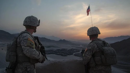 Sunset Vigil: Soldiers Protecting the Base