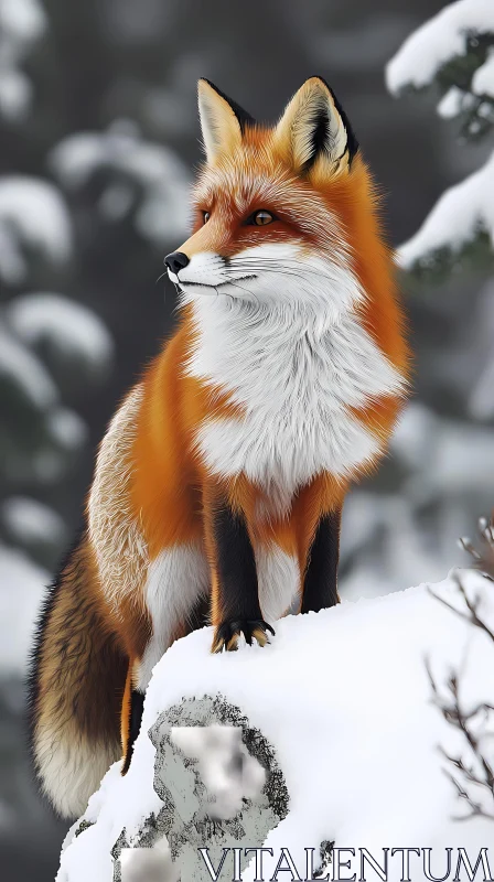 Winter Fox on Snowy Rock AI Image